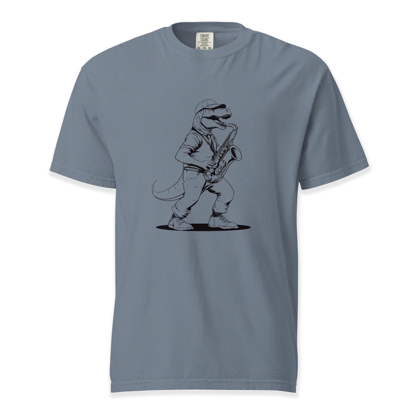 Dino Groove – Saxophone Raptor Tee | Comfort Colors (Black Ink) Premium Music T-Shirt