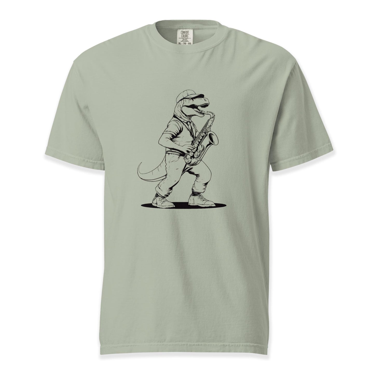 Dino Groove – Saxophone Raptor Tee | Comfort Colors (Black Ink) Premium Music T-Shirt