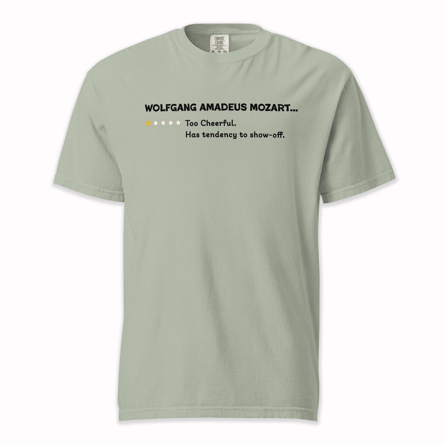 Wolfgang Amadeus Mozart – Playful One Star Review | Comfort Colors Premium Music T-Shirt