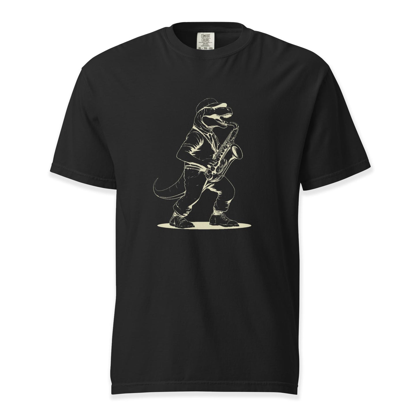 Dino Groove – Saxophone Raptor Tee | Comfort Colors (Light Ink) Premium Music T-Shirt