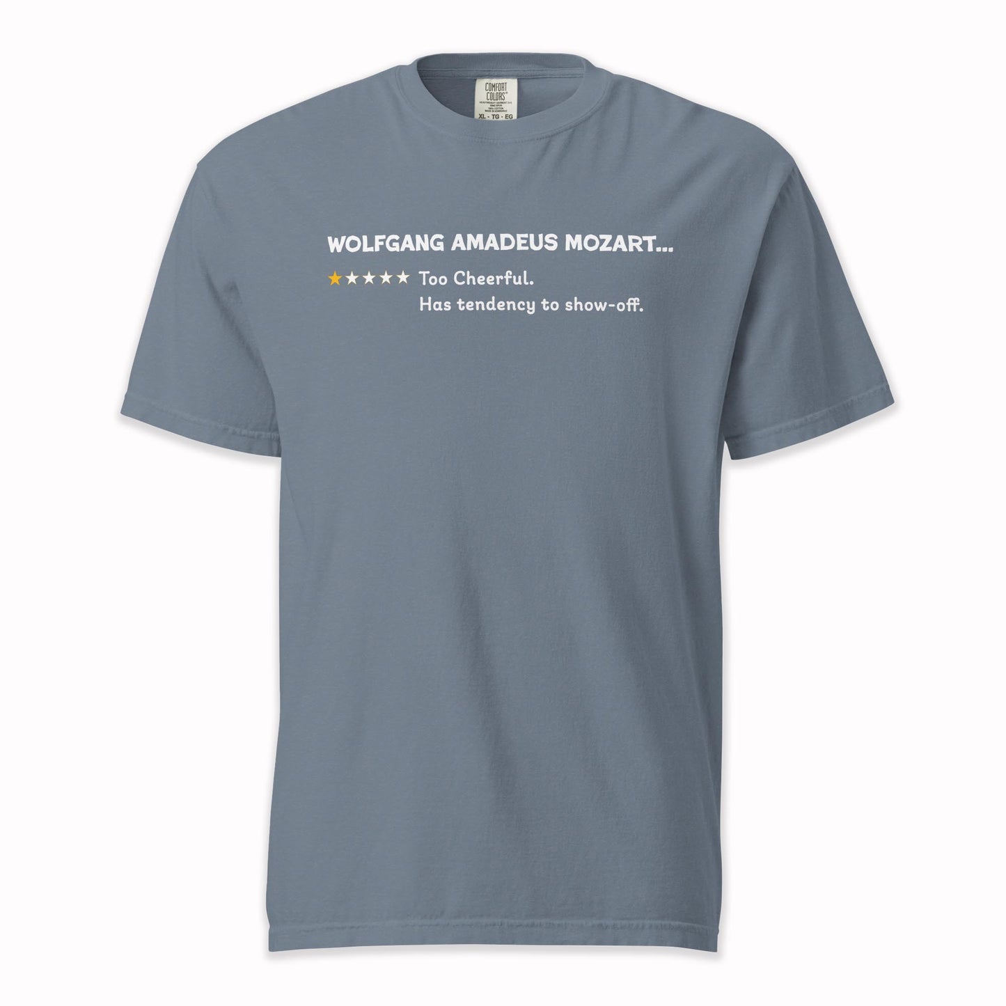 Wolfgang Amadeus Mozart – Playful One Star Review | Comfort Colors Premium Music T-Shirt