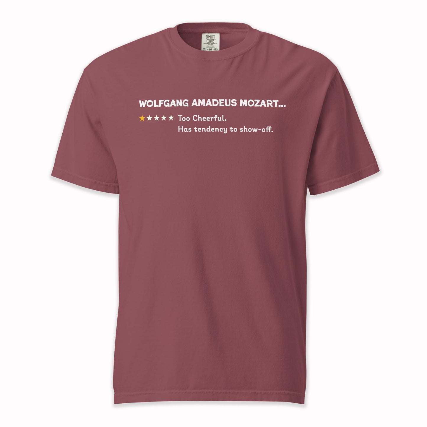 Wolfgang Amadeus Mozart – Playful One Star Review | Comfort Colors Premium Music T-Shirt