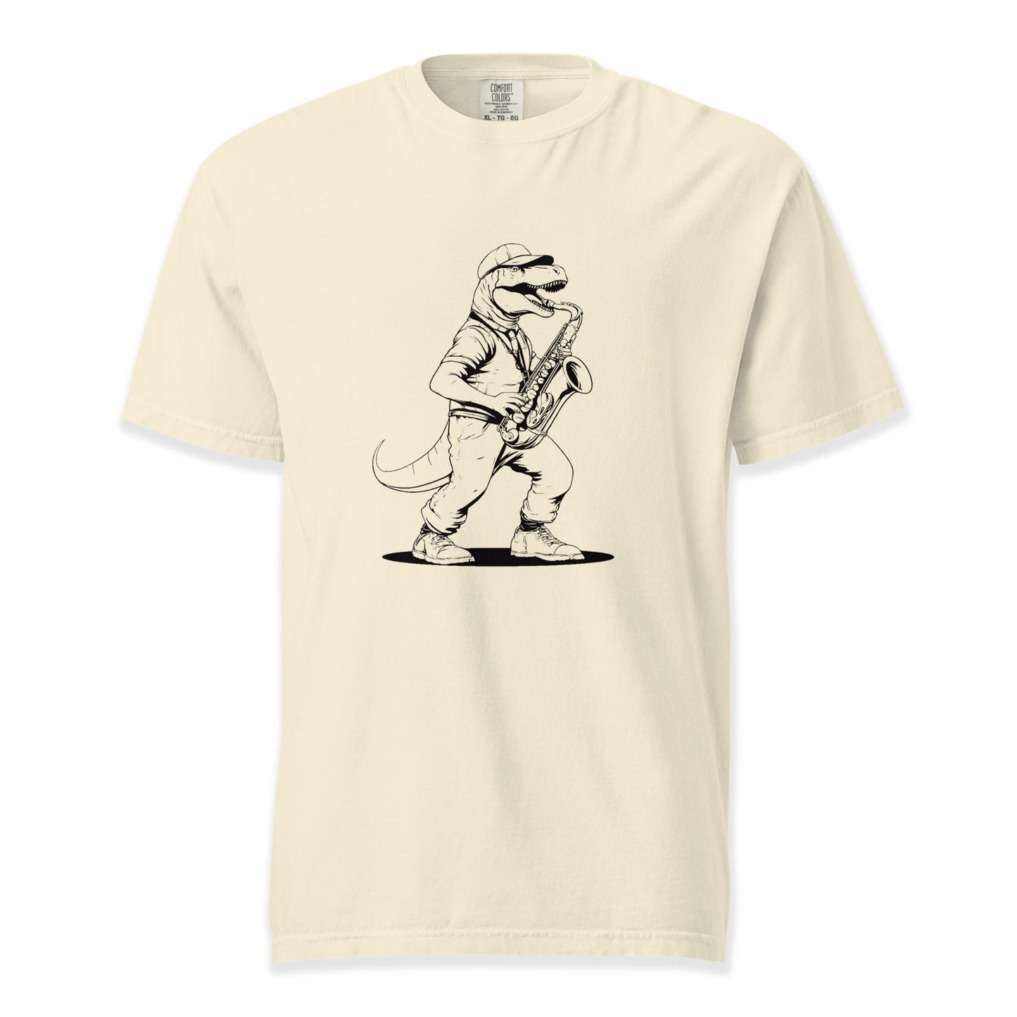 Dino Groove – Saxophone Raptor Tee | Comfort Colors (Black Ink) Premium Music T-Shirt