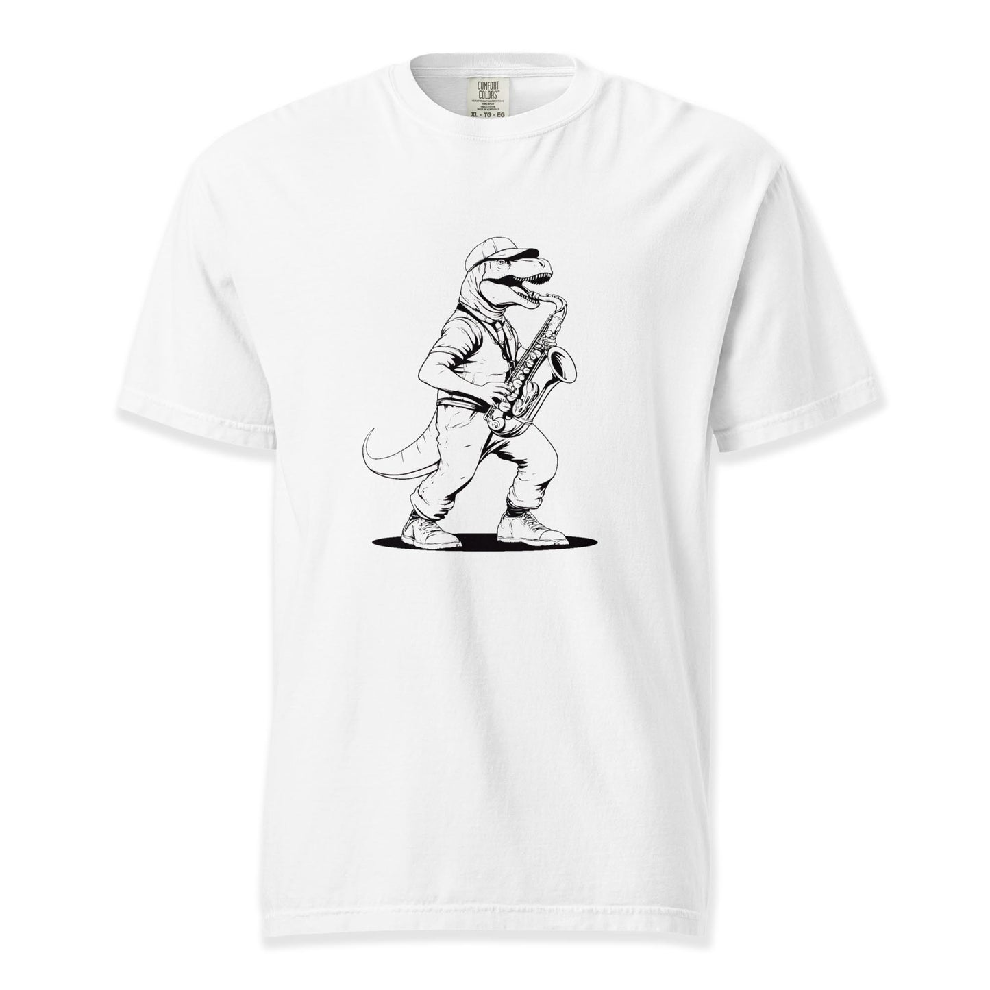 Dino Groove – Saxophone Raptor Tee | Comfort Colors (Black Ink) Premium Music T-Shirt